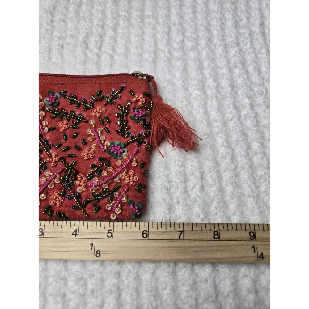America & Beyond Bohemian style‎ small beaded pouch tassel red Linen blend